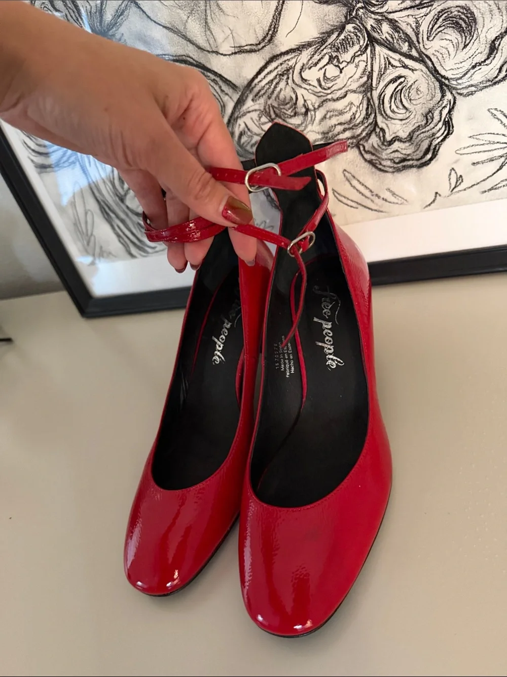 Free people Red Patent Low Block Heel Pumps with Ankle Strap - Women